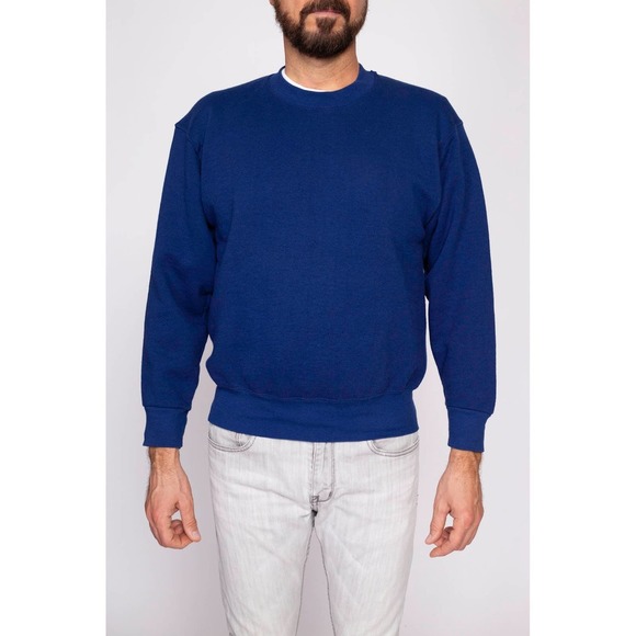90s Dark Blue Crewneck Sweatshirt - Men's Medium | Vintage Unisex Plain Pullover - Picture 2 of 7